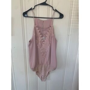 WAYF Dusty Rose‎ Lace Up Bodysuit High Neck Halter Lace Trim Pink Womens Large